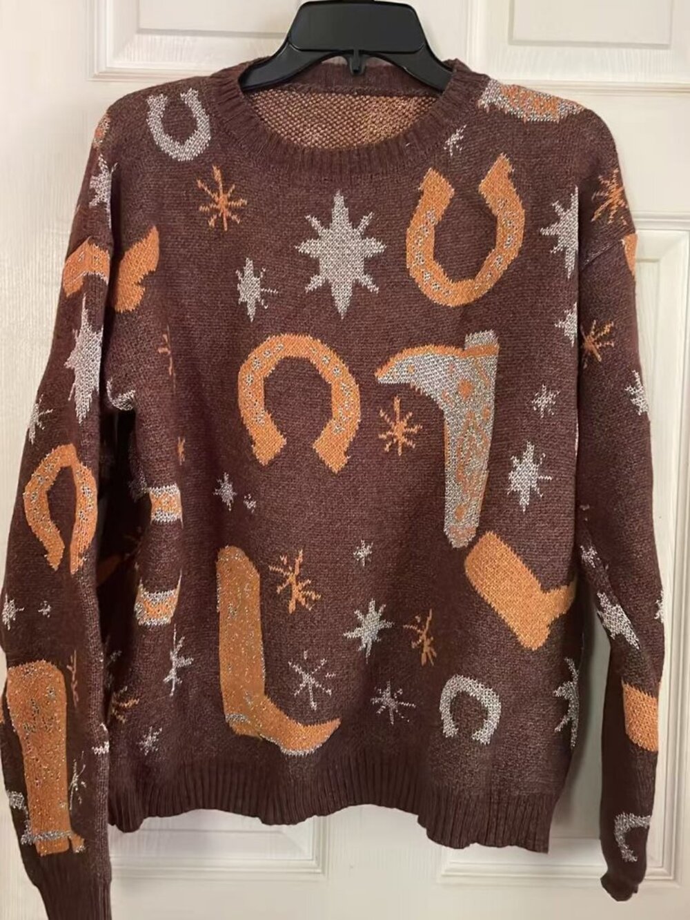 Womens Cropped Cowboy Jacquard Round Neck Pullover  Retro Western Print Knitwear